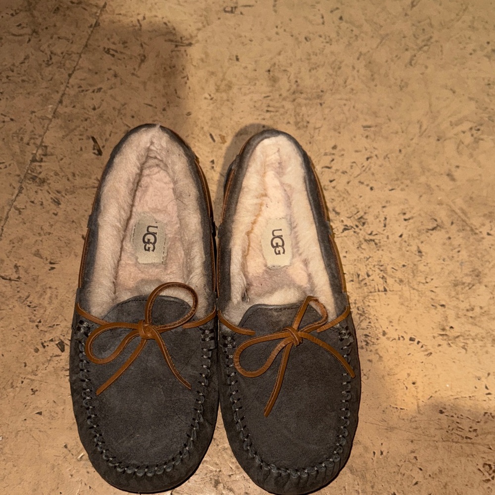 UGG Charcoal Suede Moccasins with Tan Laces
